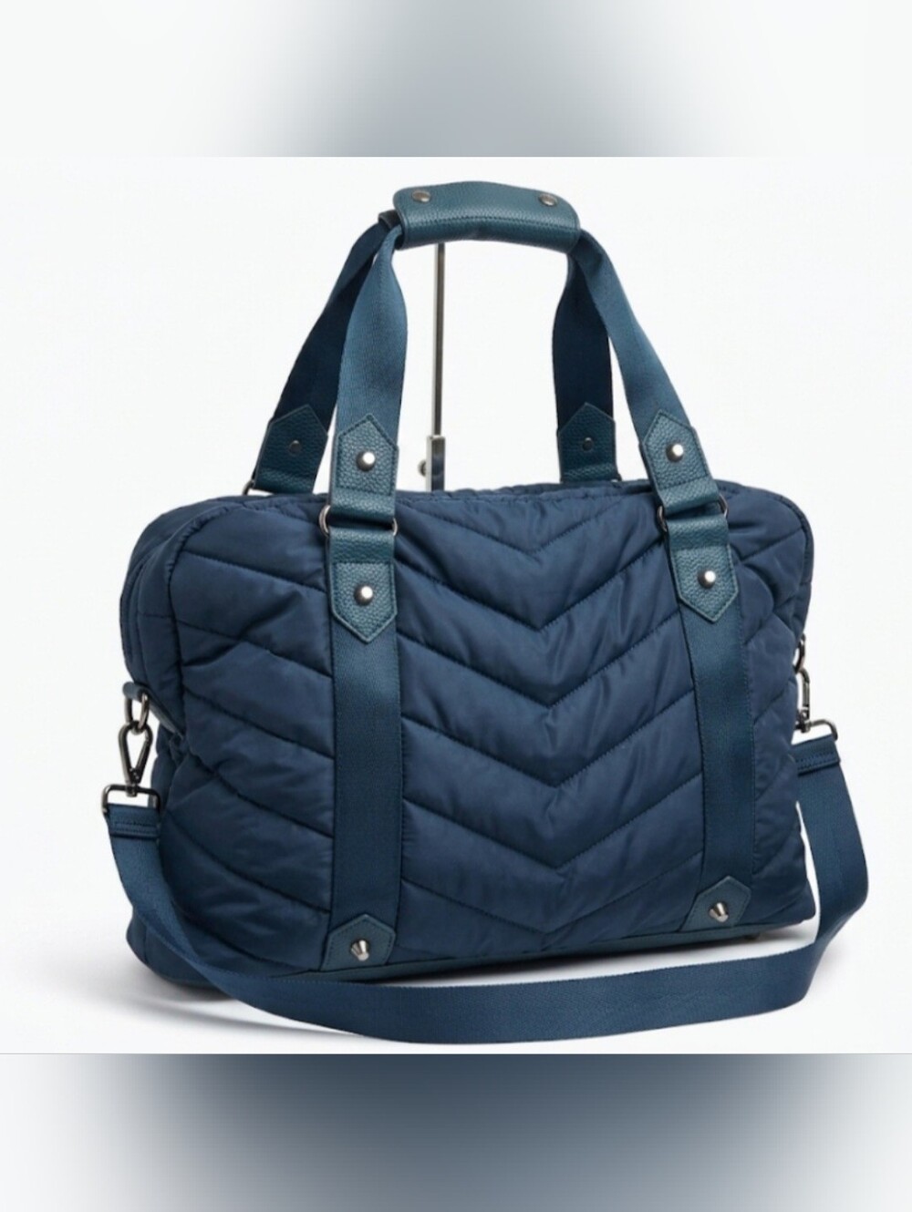 Cynthia Rowley Teal Blue Chevron Quilted Puffer Weekender Duffle Bag EUC